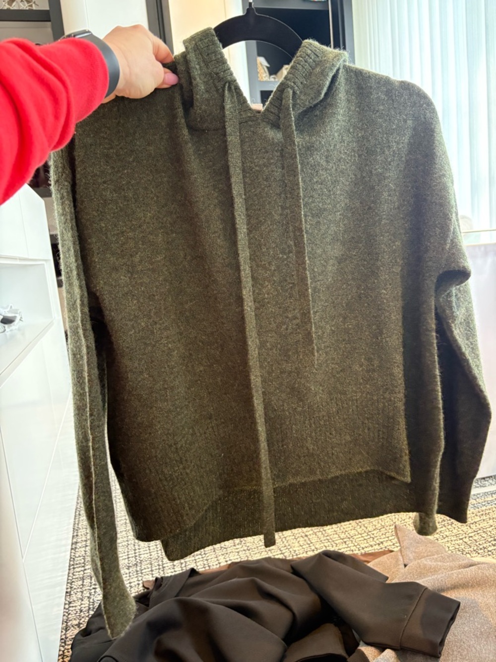 Womens Olive Green Hooded Wool-Blend Sweater